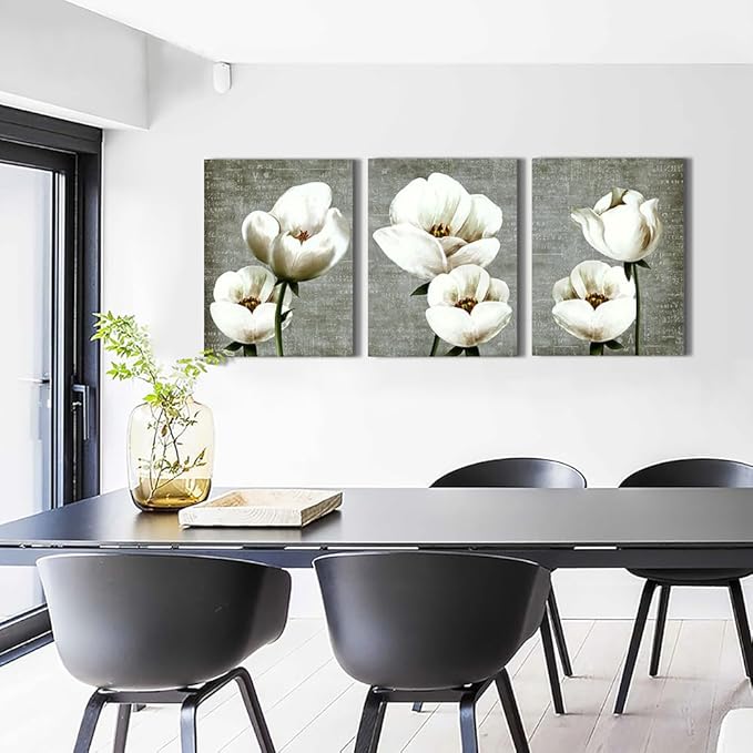 Lapremoly Canvas Wall Art For Bedroom Room Modern Wall Decor For Living Room Vintage Style Wall Painting Artwork White Flowers Abstract Pictures 3 Panels Ready To Hang Kitchen Frame Home Decoration
