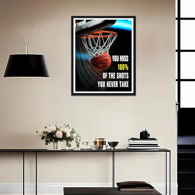 Basketball Framed Canvas Print Wall Art, You Miss 100% of the Shots You Never Take Motivational Sports Quote, Boys Room Decor, Gym Office Inspirational Poster, Ready to Hang, 12.5x16.5 Inches