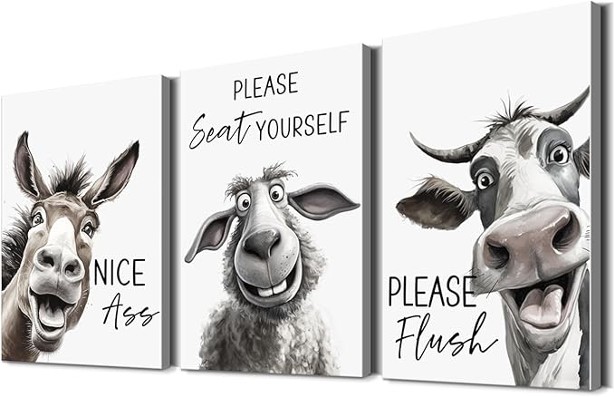 YOUHONG Funny Bathroom Wall Art Farmhouse Decor Cow Pictures with Wooden Frame - Waterproof Canvas Prints 16x24 Inch 3 Piece Funny Art for Bathroom Wall Decor