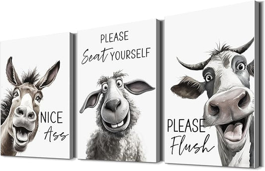 YOUHONG Funny Bathroom Wall Art Farmhouse Decor Cow Pictures with Wooden Frame - Waterproof Canvas Prints 16x24 Inch 3 Piece Funny Art for Bathroom Wall Decor