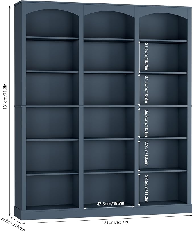 FACBOTALL 71" Triple Wide Bookshelf, 6 Tier Tall Bookshelf, Large Arched Bookcase with Curved Baffle, 63.4" Wide Book Shelf with 18 Open Display Shelves for Living Room, Study, Blue