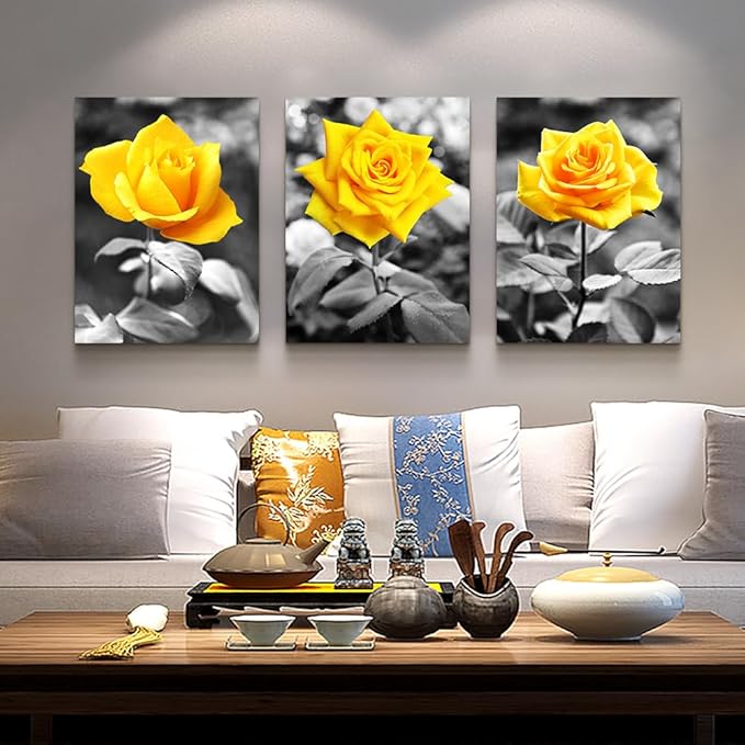Lapremoly Black And White Wall Paintings Canvas Wall Art For Bedroom Wall Decor For Kitchen Living Room Office Decorations Yellow Rose Flowers Pictures Modern Room Home Walls Artwork Decor 3 Piece