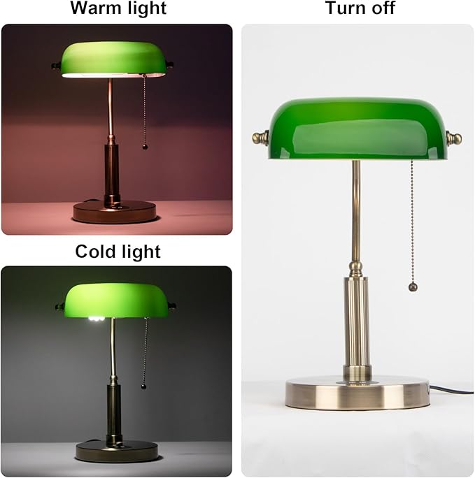 FIRVRE Glass Bankers Desk Lamp USB Wireless Charging Port LED Desk Lamp Classic Retro Pull Chain Switch Table lamp Reading Modern for Home Office nightstand Bedside Study Desk Library (Green)