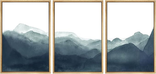 SIGNWIN Framed Canvas Print Wall Art Blue & Green Mountains in Fog Nature Wilderness Illustrations Modern Art Rustic Scenic Relax/Calm Cool for Living Room, Bedroom, Office - 24"x36"x3 Natural