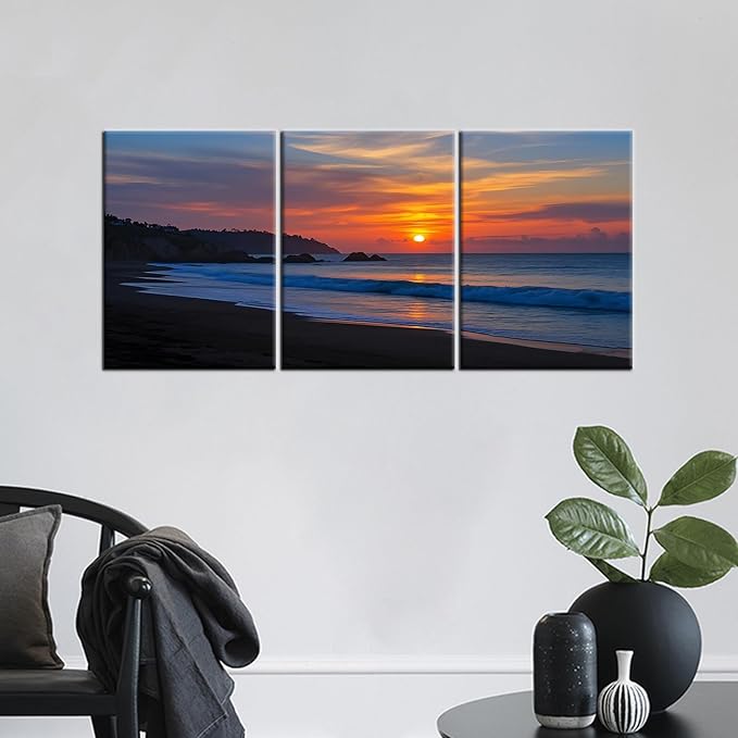 Nature Landscape Canvas Wall Art Sandy Beach at Dusk Posters Print Seaside Scenery Picture Painting for Modern Home Kitchen Bedroom Office Hotel Wall Decoration Artwork Ready to Hang [36''W x 16''H]