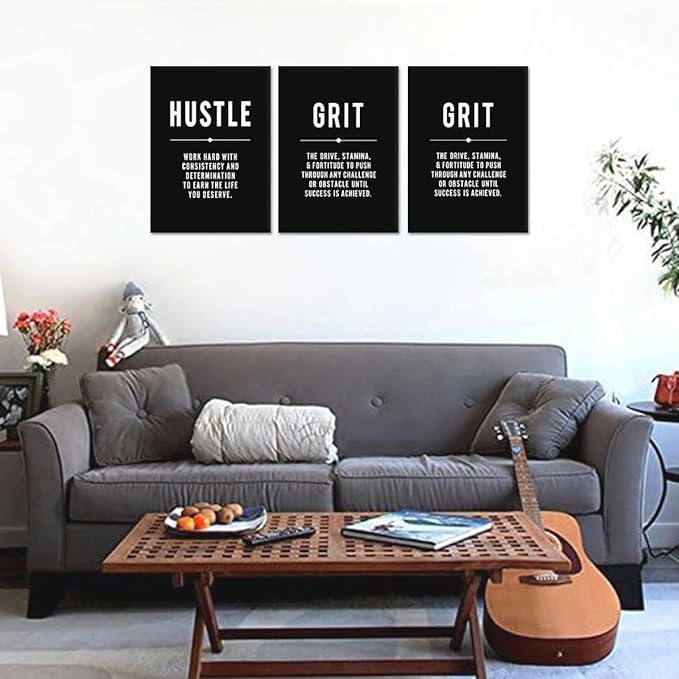 Hustle Grind Execute Inspirational Wall Art, 3 Panel Motivational Wall Decor Black and White Framed Positive Quotes Prints Modern Poster for Home, Living Room, Office, or Gym (20"x28"x3)