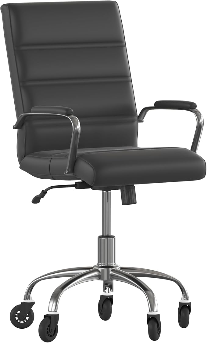 Flash Furniture Camilia Mid-Back Black LeatherSoft Executive Swivel Office Chair with Chrome Frame, Arms, and Transparent Roller Wheels