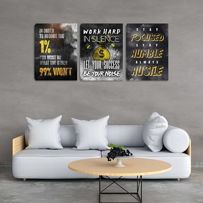 Halioyo Inspirational Wall Art, 3 Panel Black Gold Motivational Painting Picture, Entrepreneur Office Success Canvas Prints for Workplace Living Room Bedroom(60" W x 28 H), Ready to Hang