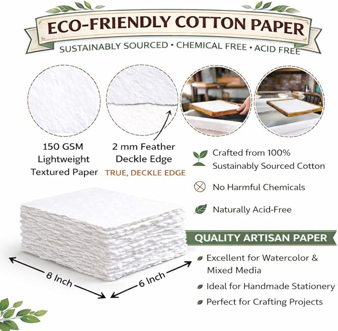 Handmade White Deckle Edge Blank Paper - A5 Size Package of 50 - Mixed Media Loose Leaf Paper for Watercolor, Writers, Invitations, Crafts - Thick 150 GSM - 8 x 6'