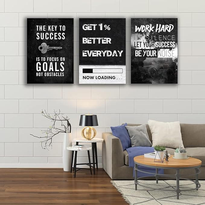 Inspirational Wall Art Canvas Hustle Poster Success Goal Artwork Entrepreneur Quote Painting Motivational Office Wall Decor Art for Bedroom Living Room Home Decoration Framed 20inch x28inch x3pieces