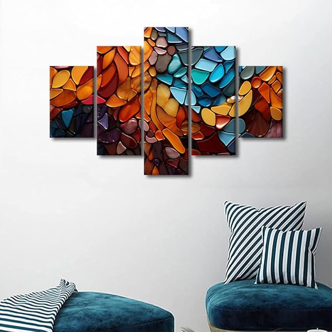Canvas Wall Art Decor Modern Living Room Wall Art Abstract Colorful Mosaic Style Poster Prints on Canvas 5 Panel Home Wall Art for Bedroom Wall Decor Stretched and Framed Ready to Hang 60x40 in