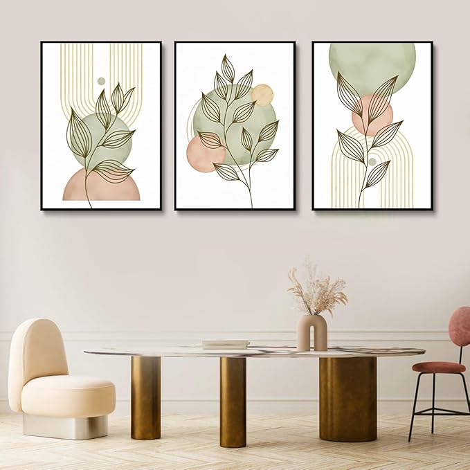 3Pcs Sage Green Boho Canvas Wall Art Modern PinkBotanical Posters Print Abstract With Leafr Pictures Wall Decoration For Living Room Bedroom Bathroom UnFramed