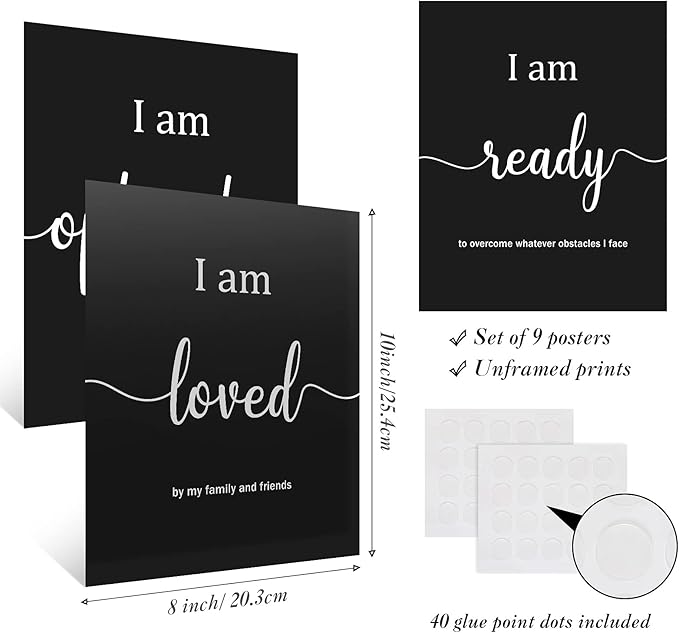 Outus 9 Pieces Inspirational Motivational Wall Art Office Bedroom Wall Art,Daily Positive Affirmations for Men Women Kids Inspirational Positive Quotes Sayings Decor(Black)