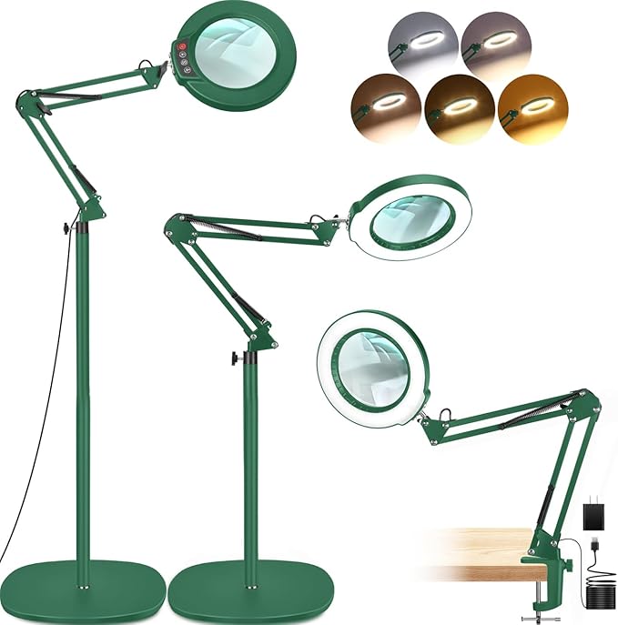 LANCOSC 10X Magnifying Glass with Light and Stand, 3-in-1 Adjustable Swing Floor Lamp, 5 Color Modes Stepless Dimmable, LED Lighted Hands Free Magnifier & Clamp for Reading, Crafts, Painting - Green