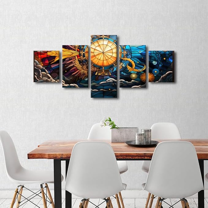 Canvas Wall Art Decor Stained Glass Style Poster Prints Sea Sun Moon Stars Anchor Painting Picture Printing 5 Panel Canvas Art for Living Room Decor Stretched and Framed Ready to Hang 50x24 in