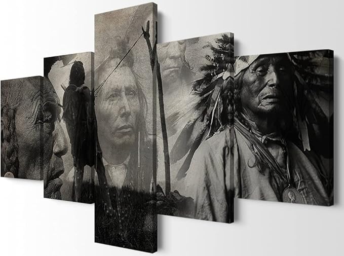 5 Native American Art Posters - Chiefs Indian Art Framed Ready to Hang for Bedroom Decor (70''W x 40''H)