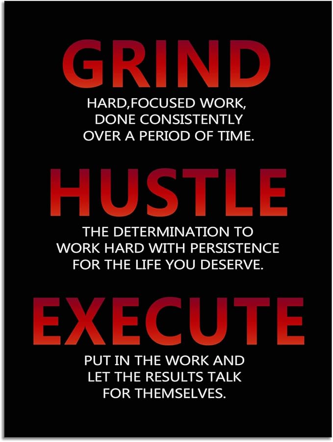 MotivationalCanvas Wall Art Grind Hustle Execute Painting Office Decor Posters Prints Inspirational Entrepreneur Quotes Picture for Wall Decor Living room Gym Framed Ready to Hang[18" W x 24" H]