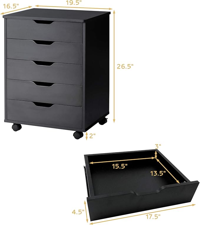 5 Drawers File Storage Cabinet, 26.5" Vertical Filling Cabinet for Home Office, Under Desk Office Drawer Organizer, Universal & Lockable Casters, Rolling Printer Storage Rack (Black)