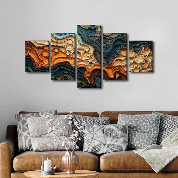 Canvas Wall Art for Home Abstract Poster Prints on Canvas Modern Paper Cut Art Picture Printing 5 Panel Canvas Art for Men Lady Office Wall Decor Stretched and Framed Ready to Hang 60x32 in