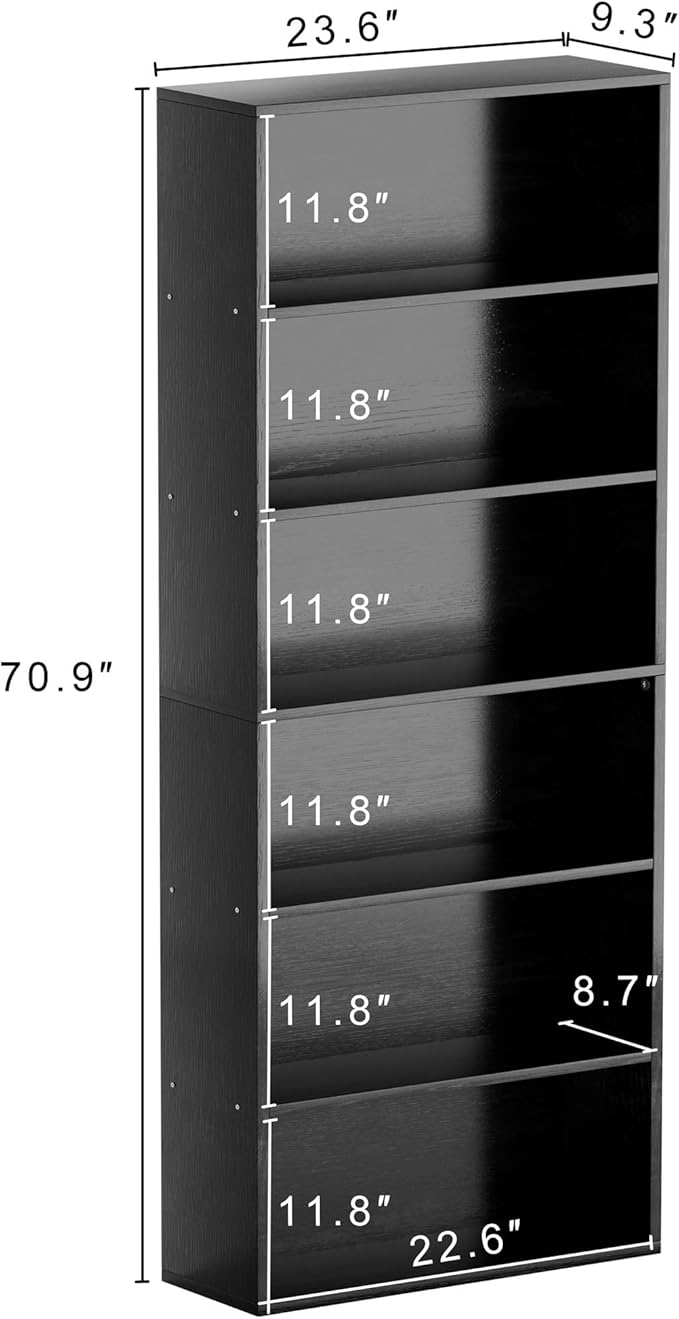 JAMFLY Narrow Tall Bookshelf 6 Shelf Bookcase Vertical Storage, Slim Profile Tall Narrow Storage Unit for Home Office, Living Room, Bedroom, Black