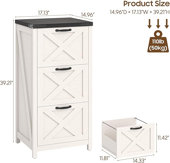 3 Drawer Tall File Cabinet, Farmhouse Vertical Filing Cabinet Fits Letter/A4 Size, Wood File Cabinets Printer Stand for Home Office, Living Room, White and Black