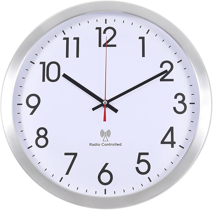 Atomic Analog Wall Clock, 14Inch Radio Controlled Sets Automatically Wall Clock, Aluminum Frame WallClock for Home School Office