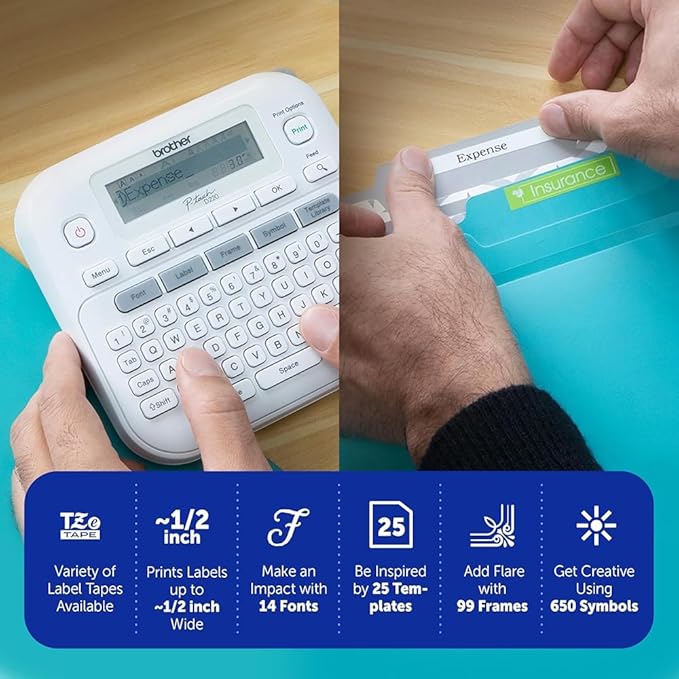 Brother PTD220 Home/Office Everyday Label Maker Bundle with TZe2312PK P-Touch Black Print on White Laminated Label Tape