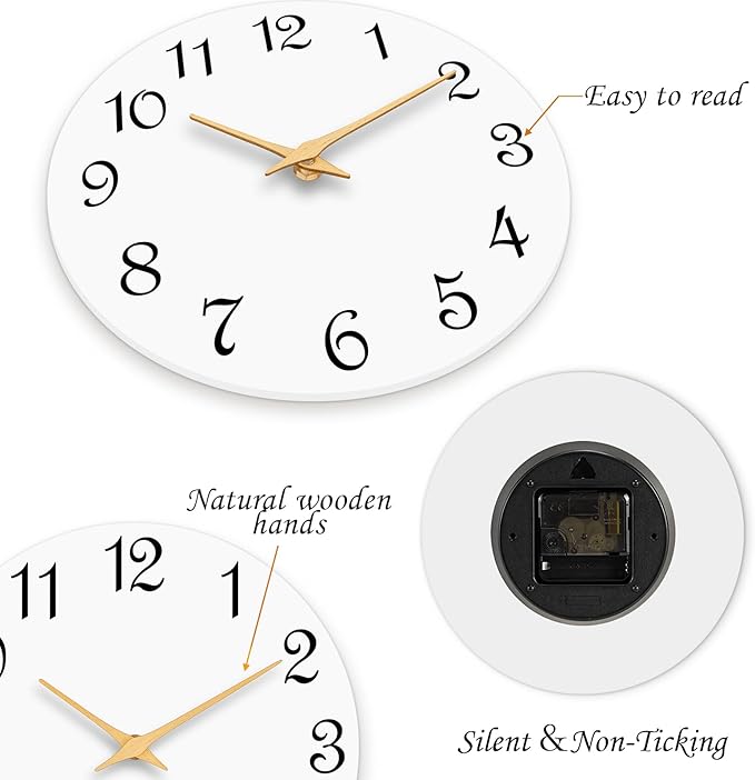 Wall Clock 14 Inch, Modern Wall Clocks Battery Operated, Silent Non Ticking Clock Decorative for Living Room, Office, Home, School (White)