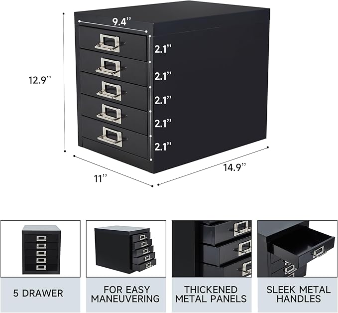 Office Storage Cabinet - File Cabinet Mini 5 Tier Metal File Organizer Document Organizer, for Home, Office, Desk (Black)