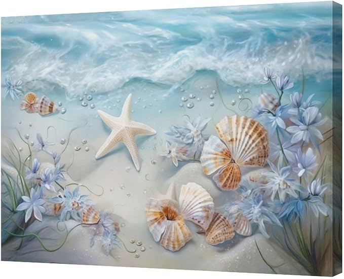 Beach Seashell Bathroom Wall Art Coastal Floral Pictures Wall Decor Flower Starfish Canvas Painting Modern Decoration Artwork for Bathroom Living Room Bedroom Office Framed 24"x20"