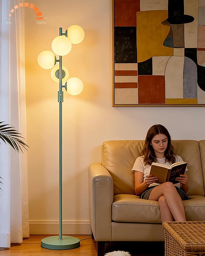 Lightdot Dimmable Globe Floor Lamp Mid Century Modern Floor Lamp with 5Pcs 3000K G9 Bulbs Stepless Brightness Adjustable Green Standing Lamps with Stable Base for Living Room Bedroom Office