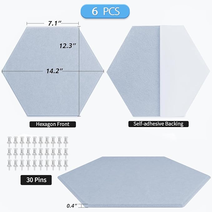 BXI Hexagon Felt Bulletin Board - 14.2 X 12.3 X 3/8 Inches 6 Pcs Self-Adhesive Poster Cork Board with 30 Push Pins, Thick Pin Tiles Display Vision Board, Photo Picture Panels for Home Office Classroom