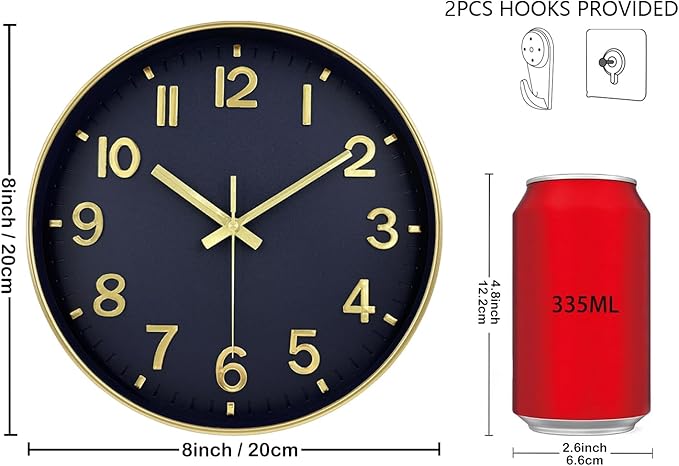 Wall Clock, 8 Inch Wall Clocks Battery Operated, Modern Non Ticking Silent Digital Analog Small Wall Clock for Bedroom Living Room Kitchen Office Gym Classroom Outdoor Clocks, Gold Blue