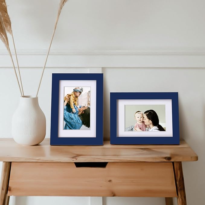Egofine 4x6 Picture Frames 4PCS Covered by Plexiglass for Picture 3x4.5 and 3.5x5 with Mat or 4x6 whitout Mat Made of Solid Wood for Table Top Display and Wall Mounting Photo Frame, Navy Blue