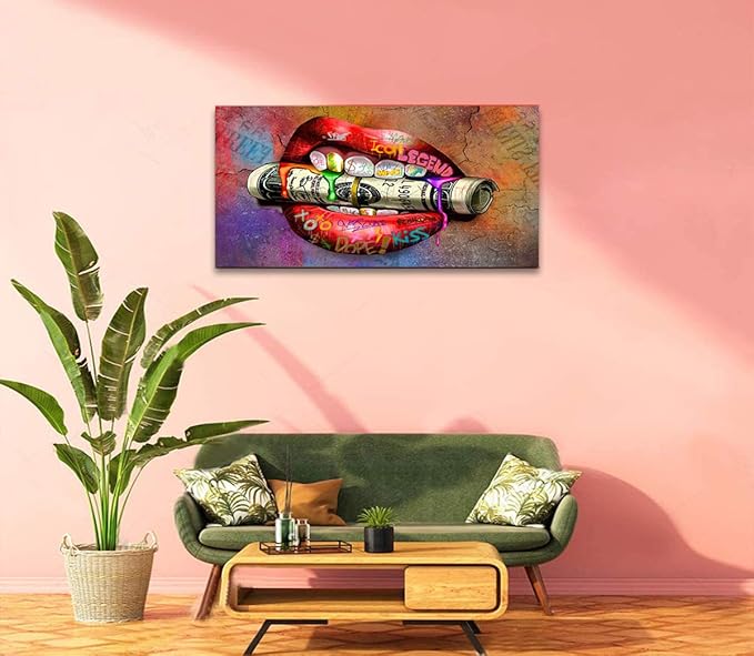 Large Size Canvas Sexy Red Lips with Rolled Dollar Wall Art Abstract Creative Modern Home Decor Artwork for Home Walls Large Prints Inspirational Framed Posters Gift Choice for Men and Women-48"Wx24"H