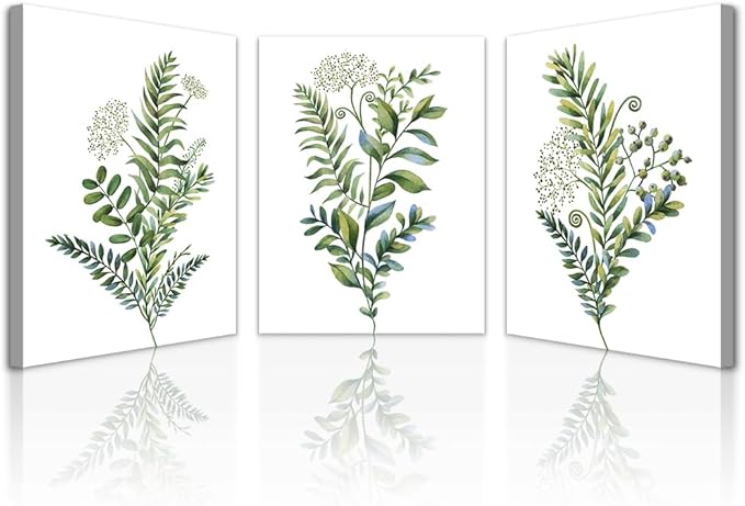 Lapremoly Large Framed Canvas Wall Art for Bedroom Bathroom 3 Pieces Wall Decor Kitchen Wall Decorations Canvas Print Decor Modern Simple Living Room Home Picture Green leaves Poster Wall Paintings