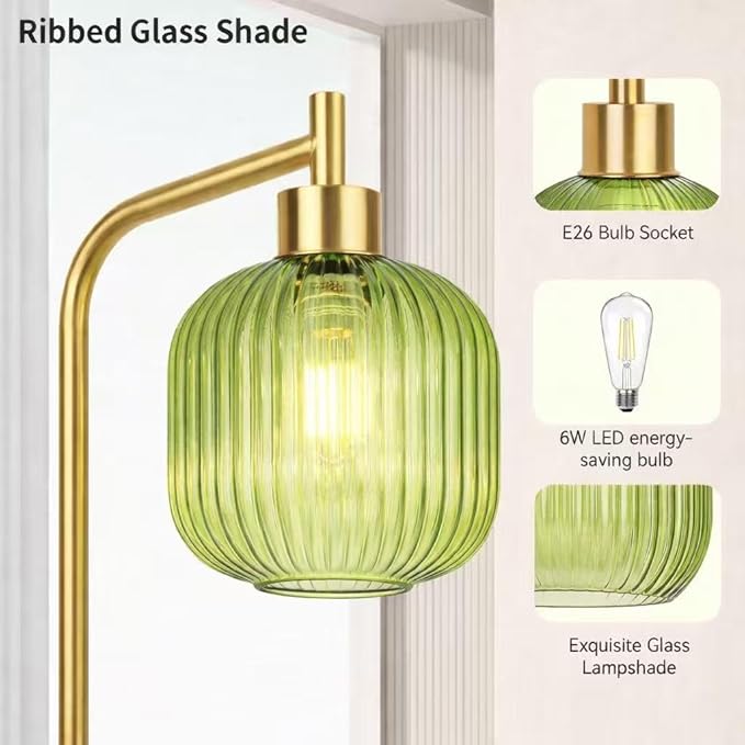 Glass Floor Lamp for Living Room, Dimmer Standing Lamp with Green Ribbed Lampshade,66” Tall Lamp & Gold Floor Lamp for Bedroom Study Room,Brushed Gold (Drum Green Glass Shade)