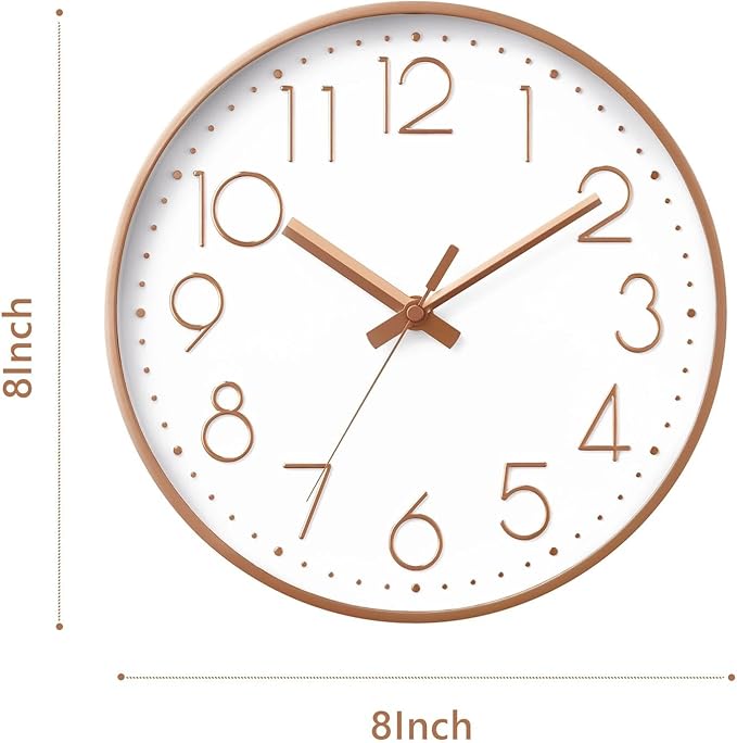 Wall Clock - 8 Inch Silent Non-Ticking Modern 3D Wall Clocks Battery Operated - Decorative Clock for Kitchen, Home Office, Bathroom, Bedroom(Rose Gold)