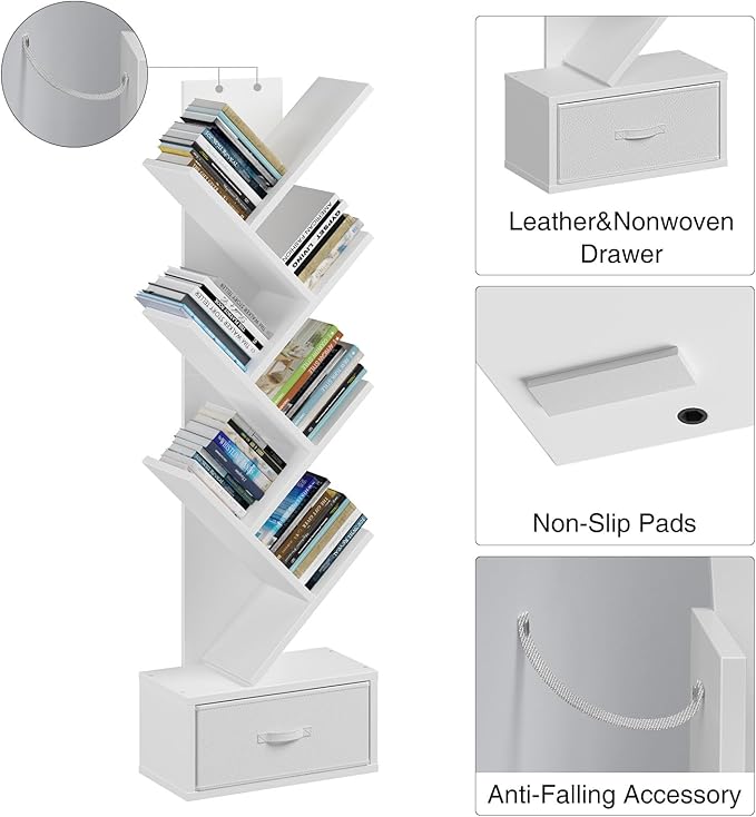 Rolanstar 7 Tier Bookshelf with Drawer, Tree Bookshelf, Small Bookshelves with Storage Rack for CDs/Movies/Books, Standing Book Shelf, Tall Narrow Bookcase for Living Room, Bedroom, White