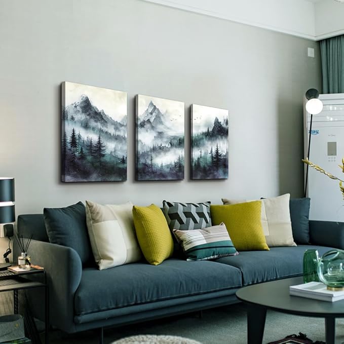TTHYUEWS Canvas Wall Art - Modern Misty Mountain Forest Wall Painting for Bedroom, Living Room, Office - 3 Piece Set