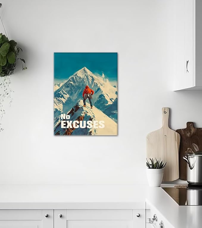 No Excuses Canvas Wall Art - Motivational Climber Print with Snowy Peak Background, Inspirational Wall Decor Inspiring Poster Positive Artwork for Office Home Gym Living Spaces, Framed 18"x24"