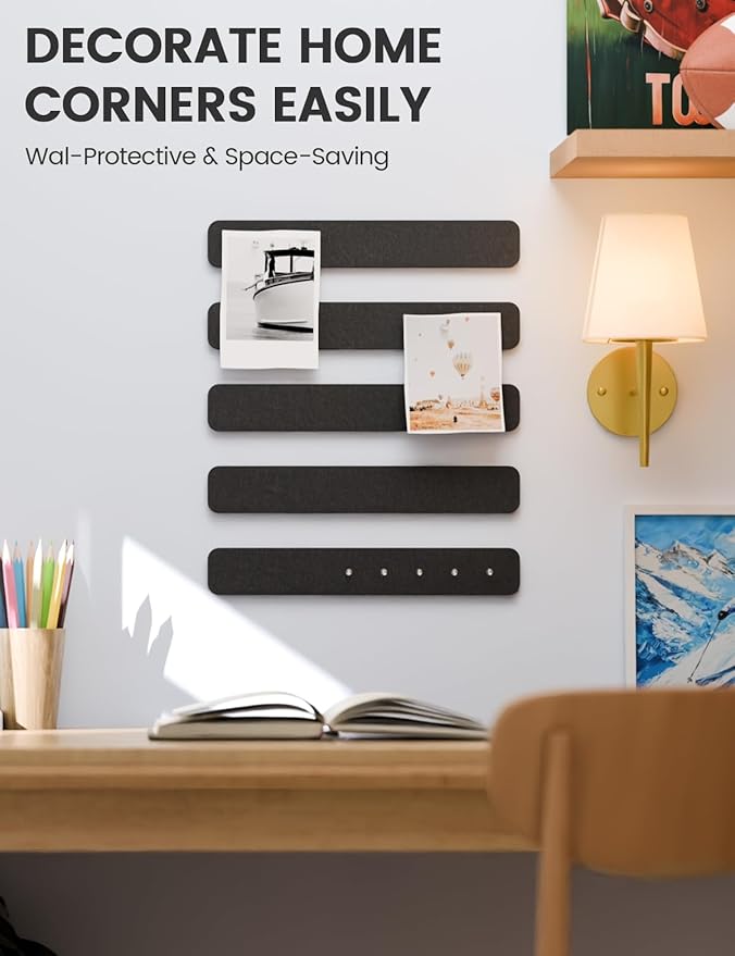 Fluxynara Cork Board Alternative Felt Strip Board 5-Pack 13"x2", Office Pin Board with 35 Push Pins, Adhesive Install for Bedroom Door & Home Office(Black)