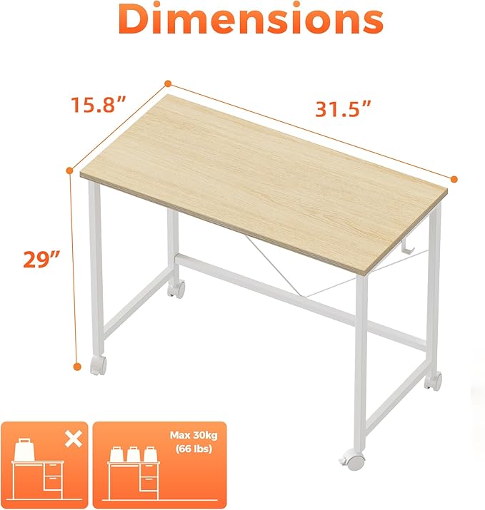 Mericonia 32 inch Rolling Computer Desk with Wheels, Gaming Desk for Small Spaces, Modern Simple Style Table for Home Office, Study Writing Table