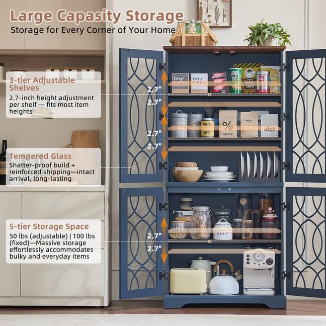 67" Tall Bookshelf Set of 3, Vintage Book Shelf with Glass Doors, 5-Tier Wood Bookcase w/Adjustable Storage Shelves, Freestanding Rustic Curio Display Cabinet for Living Room,Office,Navy Blue