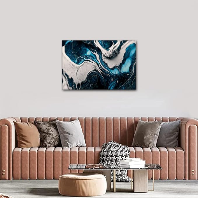 Abstract Canvas Wall Art for Men 1 Panel Modern Blue Liquid Ink Picture Printing Lady Living Room Wall Decor for Native Americans Bedroom Restaurant Wall Decor Stretched Ready to Hang 24x16 in