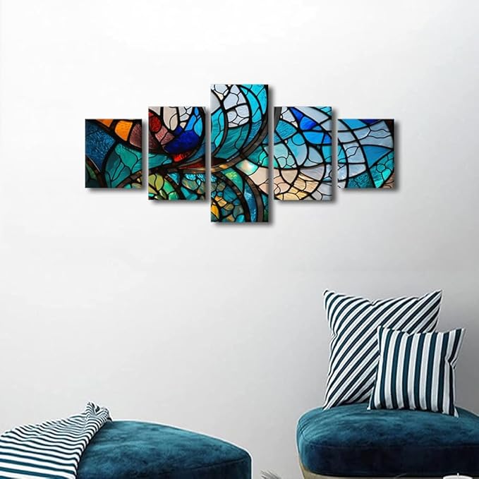 Canvas Wall Art Modern 5 Panel Abstract Wall Art Stained Glass Window Poster Canvas Art Colorful Flower Canvas Art for Lady Room Canvas Wall Decoration Stretched and Framed Ready to Hang 50x24 in