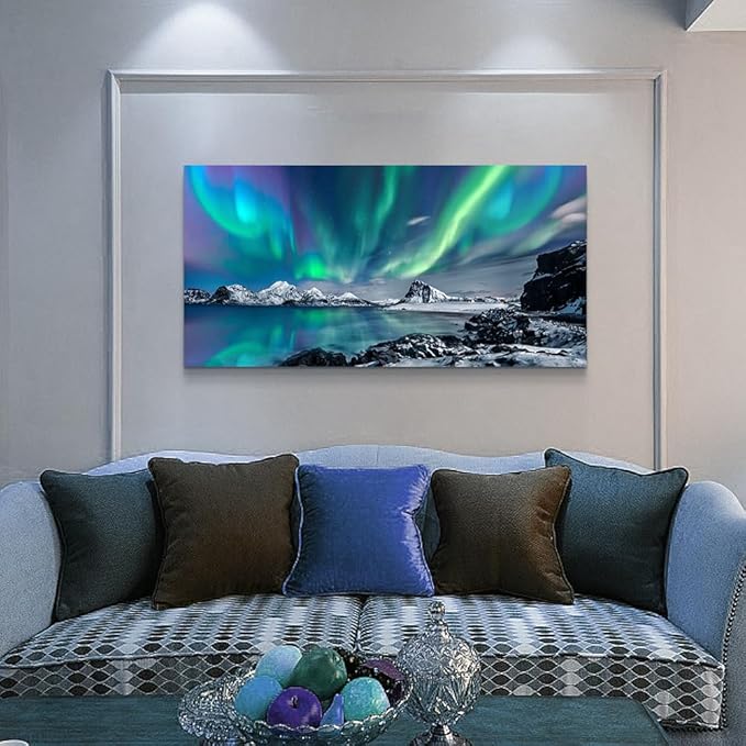 Lapremoly Large Canvas Wall Art For Living Room farmhouse Wall Decor For Bedroom Office Decoration Pictures Blue Aurora Scenery Wall Paintings Framed Wall Mural Room Home Decor Artwork 24X48 inch