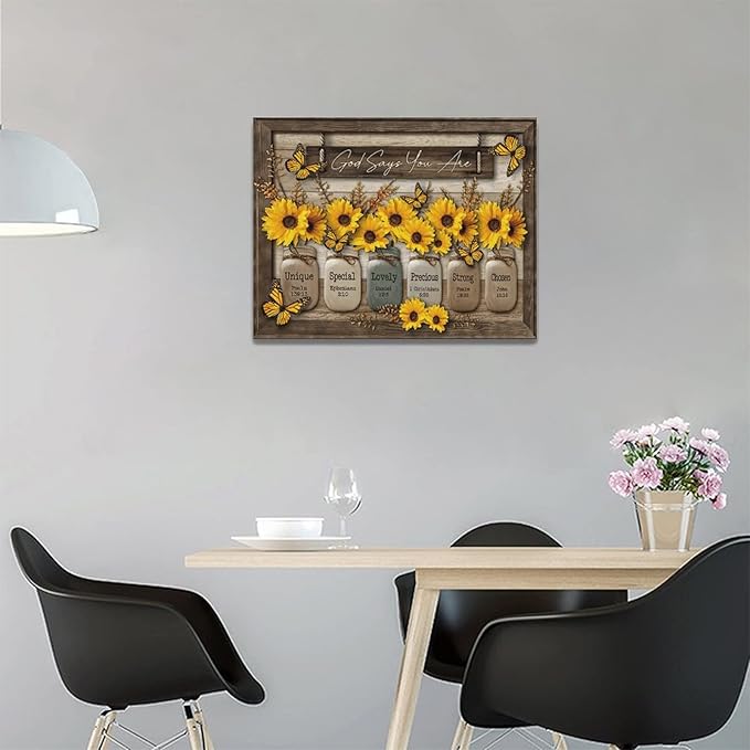 Christian Sunflower Wall Art Rustic Butterfly Bible Verse Pictures Wall Decor Country God Says You Are Canvas Painting Modern Home Artwork Decoration for Bathroom Living Room Bedroom Office Framed
