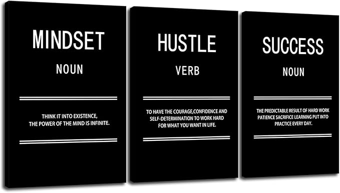 Inspirational Canvas Wall Art Mindset Hustle Success Office 3 Panel Print Motivational Poster Painting Modern Inspiring Artwork for Home Living Room BedRoom Gym Decor Ready to Hang [48''Wx 24''H]