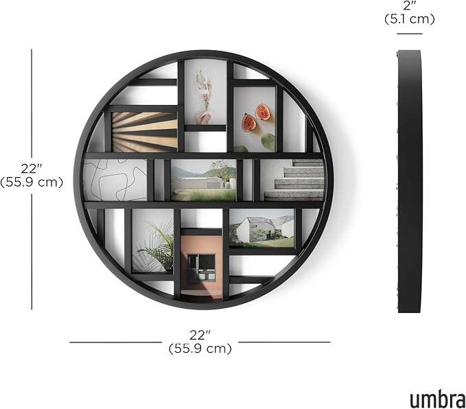 Umbra Luna Collage Picture Frame Holds Nine 4x6 Photos, Large 22-Inch Diameter, Black